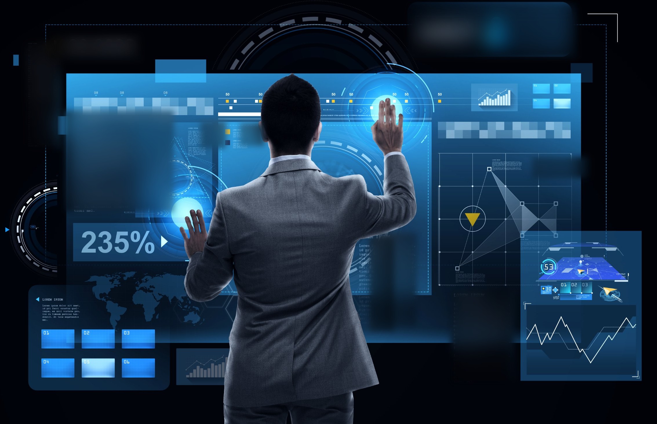 Business owner working across holographic business screens